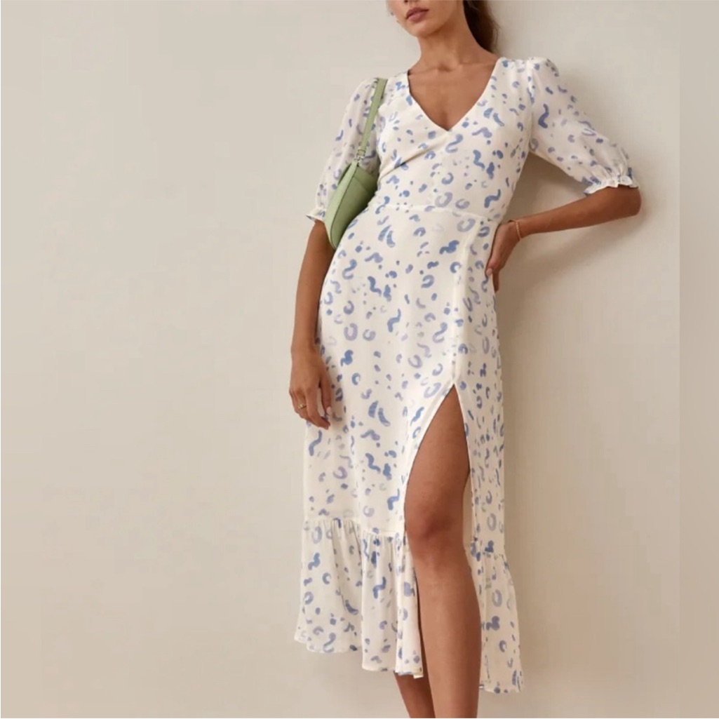 Reformation Nantes Dress With White And Blue Pattern